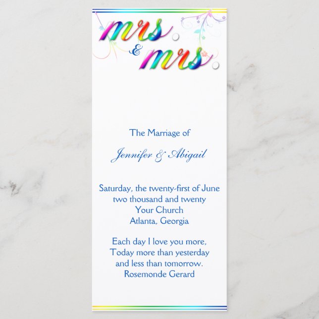 Elegant Rainbow Floral Gay Wedding Program Programme (Front)
