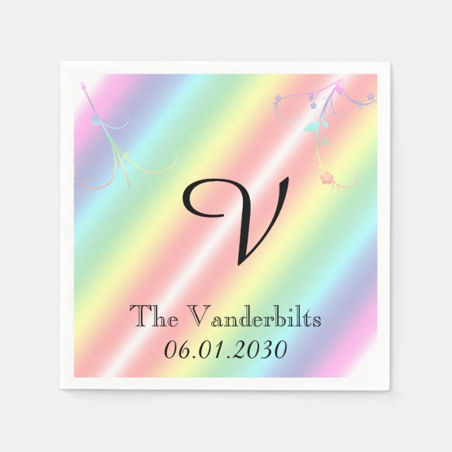 Elegant Rainbow Floral Monogram Wedding Napkin (Front)