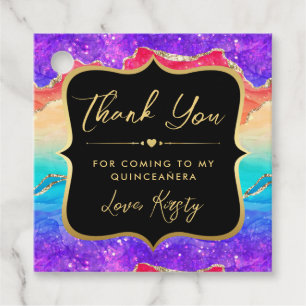 Elegant Rainbow Glitter Agate and Gold Quinceanera Favour Tags