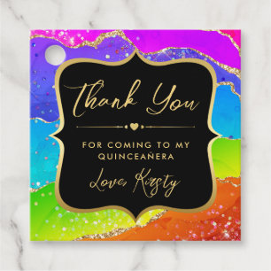 Elegant Rainbow Glitter Agate and Gold Quinceanera Favour Tags