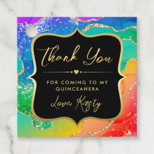 Elegant Rainbow Glitter Agate and Gold Quinceanera Favour Tags