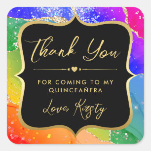 Elegant Rainbow Glitter Agate and Gold Quinceanera Square Sticker