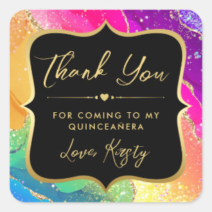 Elegant Rainbow Glitter Agate and Gold Quinceanera Square Sticker