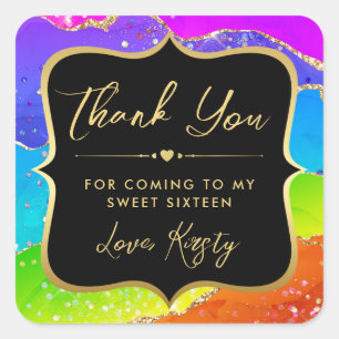 Elegant Rainbow Glitter Agate and Gold Sweet 16 Square Sticker