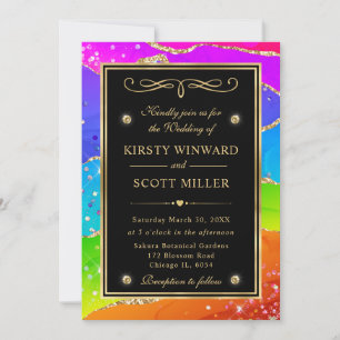 Elegant Rainbow Glitter Agate and Gold Wedding Invitation