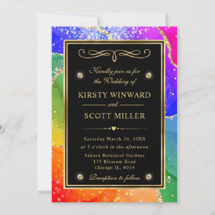 Elegant Rainbow Glitter Agate and Gold Wedding Invitation