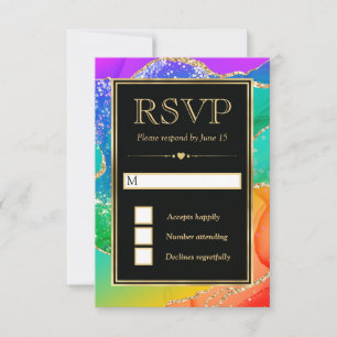 Elegant Rainbow Glitter Agate and Gold Wedding RSVP Card