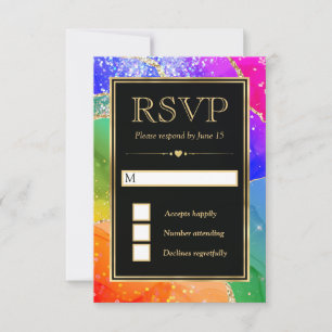 Elegant Rainbow Glitter Agate and Gold Wedding RSVP Card