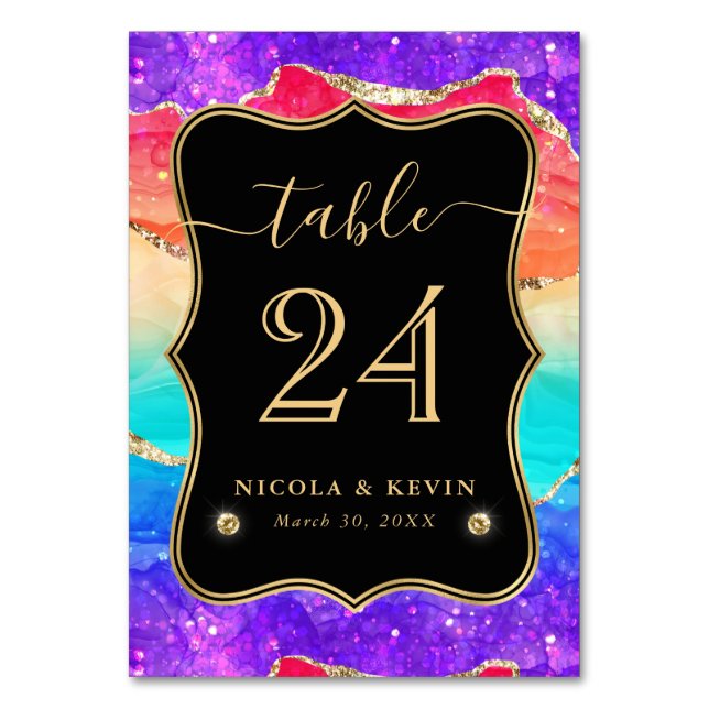 Elegant Rainbow Glitter Agate and Gold Wedding Tab Table Number (Front)