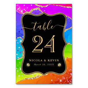 Elegant Rainbow Glitter Agate and Gold Wedding Table Number