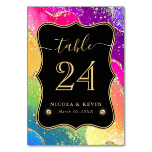 Elegant Rainbow Glitter Agate and Gold Wedding Table Number