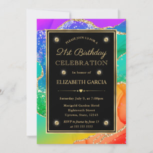 Elegant Rainbow Glitter Agate & Gold 21st Birthday Invitation