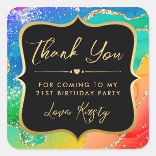 Elegant Rainbow Glitter Agate & Gold 21st Birthday Square Sticker