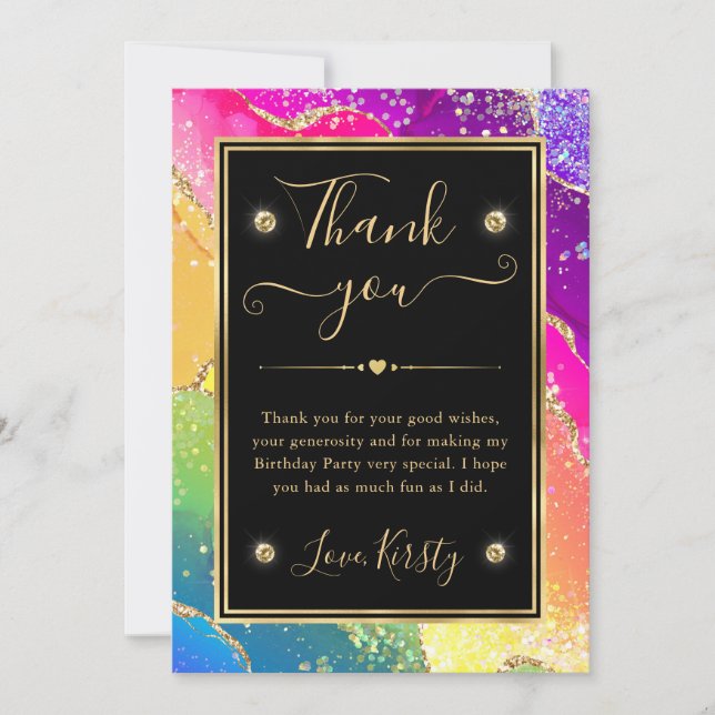 Elegant Rainbow Glitter Agate & Gold Birthday Thank You Card (Front)