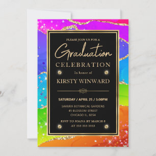 Elegant Rainbow Glitter Agate & Gold Graduation Invitation