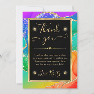 Elegant Rainbow Glitter Agate & Gold Quinceanera Thank You Card