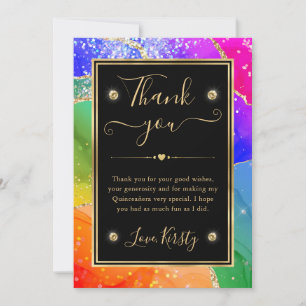 Elegant Rainbow Glitter Agate & Gold Quinceanera Thank You Card