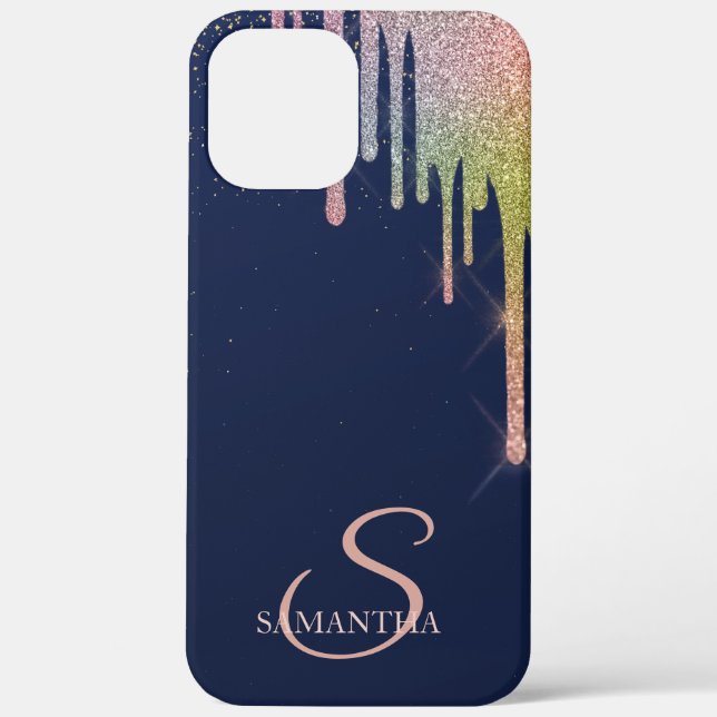 Elegant Rainbow Glitter Drips,Navy Blue  Case-Mate iPhone Case (Back)