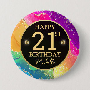 Elegant Rainbow Gold Glitter Agate 21st Birthday 7.5 Cm Round Badge
