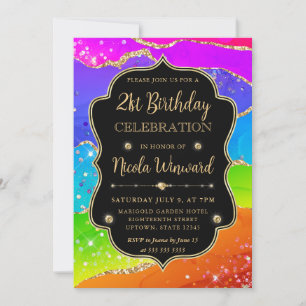 Elegant Rainbow Gold Glitter Frame 21st Birthday Invitation