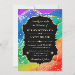 Elegant Rainbow Gold Glitter Frame Wedding Invitation