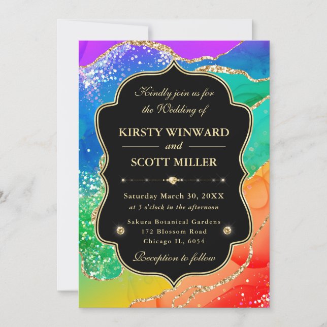 Elegant Rainbow Gold Glitter Frame Wedding Invitation (Front)