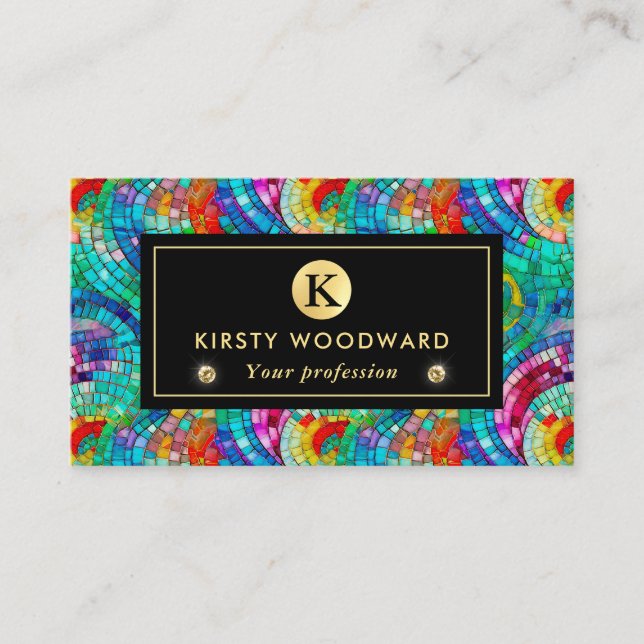 Elegant Rainbow Jewel Tone Mosaic Glass Pattern Business Card (Front)