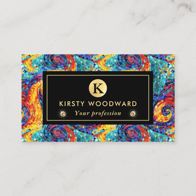 Elegant Rainbow Jewel Tone Mosaic Glass Pattern Business Card (Front)