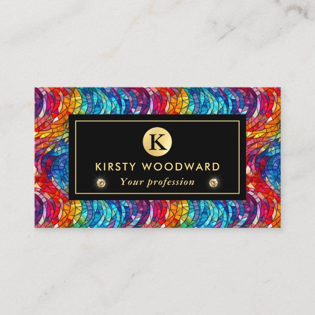 Elegant Rainbow Jewel Tone Mosaic Glass Pattern Business Card (Front)