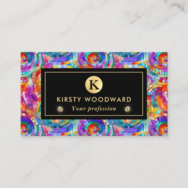 Elegant Rainbow Jewel Tone Mosaic Glass Pattern Business Card (Front)