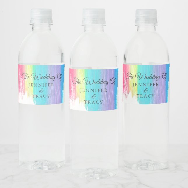 Elegant Rainbow LGBTQ Wedding Personalised Mini Water Bottle Label (Bottles)