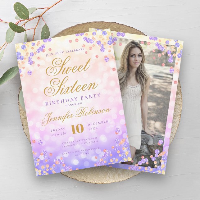 Elegant Rainbow Lights & Confetti Photo Sweet 16   Invitation (Elegant Rainbow Lights & Confetti Photo Sweet 16 Invitation)
