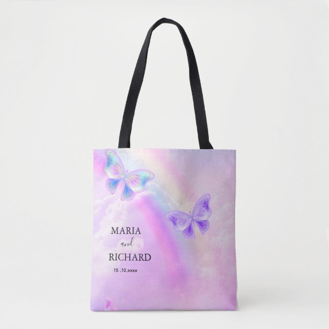Elegant Rainbow Pink and Blue Butterfly Wedding  Tote Bag (Front)