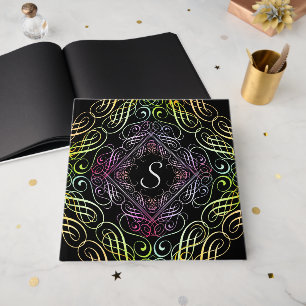 Elegant Rainbow Scrollwork Script on Black Guest Book