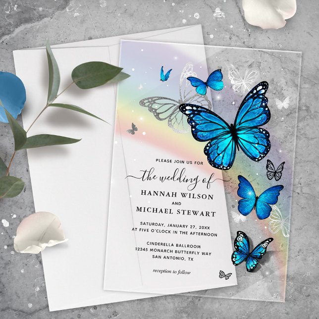 Elegant Rainbow Silver and Blue Butterfly Wedding Acrylic Invitations (Elegant, unique rainbow and blue butterfly wedding invitations to make your fairytale sparkle!)