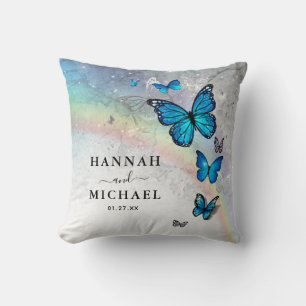 Elegant Rainbow Silver and Blue Butterfly Wedding Cushion