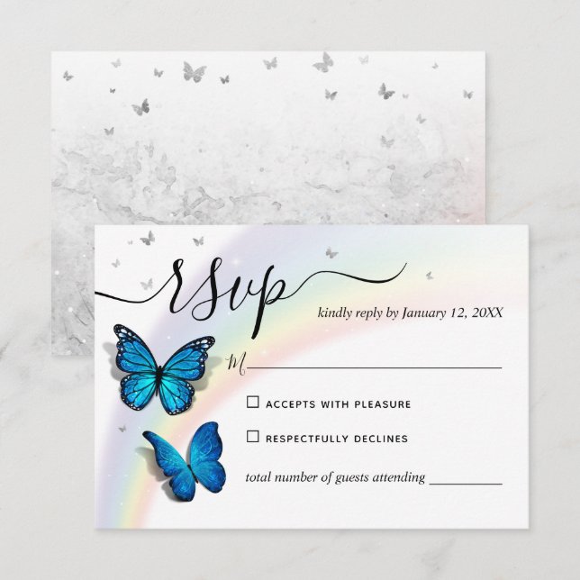 Elegant Rainbow Silver and Blue Butterfly Wedding RSVP Card (Front/Back)
