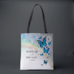 Elegant Rainbow Silver and Blue Butterfly Wedding Tote Bag<br><div class="desc">Design your own elegant personalised template butterfly tote bags with an easy-to-use DIY template. Customise the front with your names, a date, and optionally add additional custom text to the back in an elegant calligraphy script. Prefer a different typography? You can edit the modern fonts to a typography that best...</div>