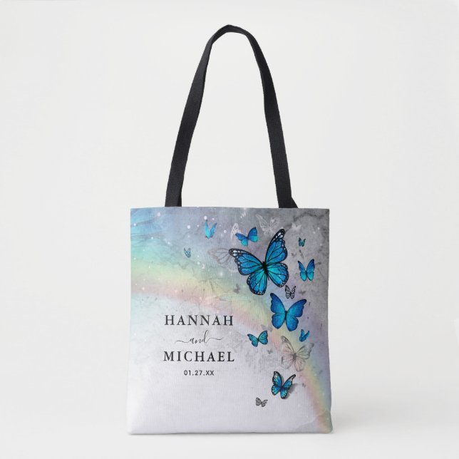 Elegant Rainbow Silver and Blue Butterfly Wedding Tote Bag (Front)