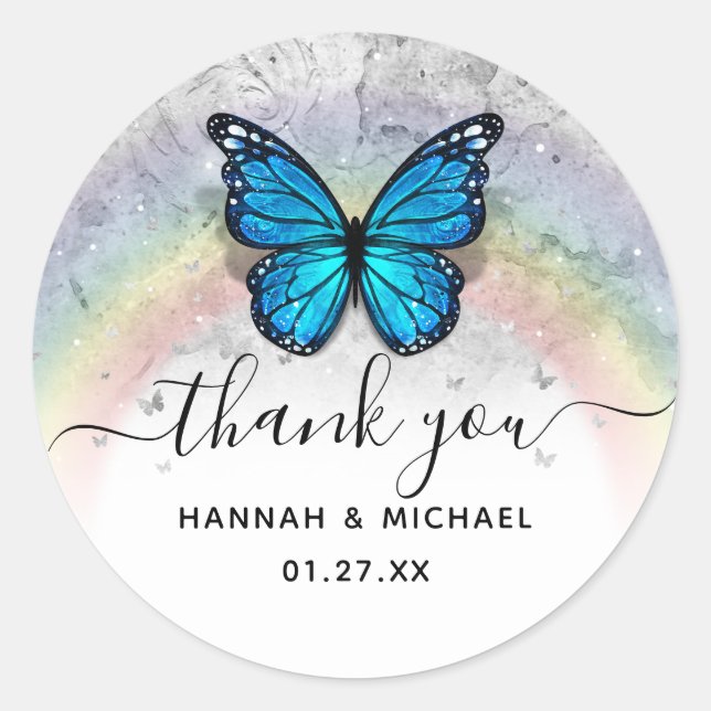 Elegant Rainbow Template Blue Butterfly Thank You Classic Round Sticker (Front)