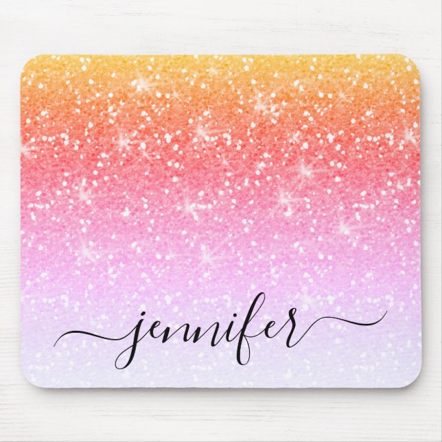 Elegant Rainbow Unicorn Glitter Sparkle Your Name Mouse Mat (Front)