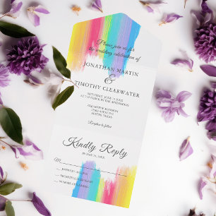 Elegant Rainbow Watercolor Gay Pride Wedding All I All In One Invitation