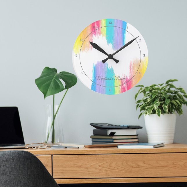 Elegant Rainbow Watercolor Personalized Girls Room Round Clock (Creator Uploaded)