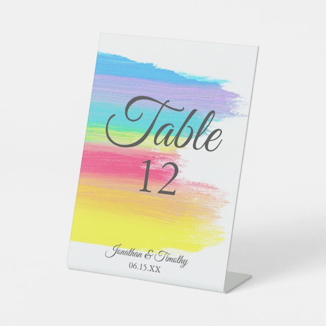 Elegant Rainbow Wedding Monogram Table Number Pedestal Sign (Front)