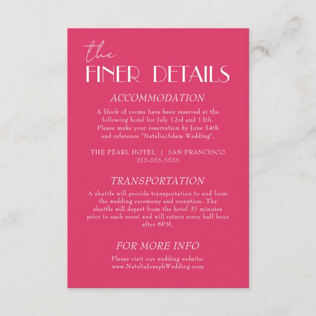 Elegant Raspberry Pink Stylish Wedding Details Enclosure Card (Front)