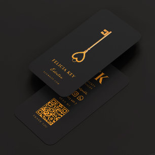 Elegant Real Estate Agent Black Orange Key Realtor Business Card