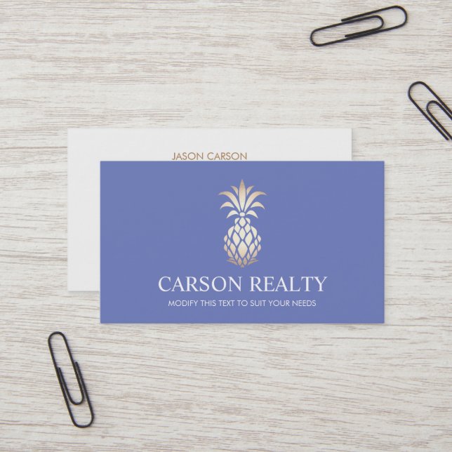 Elegant Real Estate Pineapple Logo Periwinkle Business Card (Front/Back In Situ)