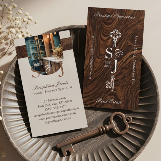 Elegant Real Estate Woodgrain Key Monogram Photo Business Card (Elegant Woodgrain Key Monogram Stylish Arch Photo Business Card)