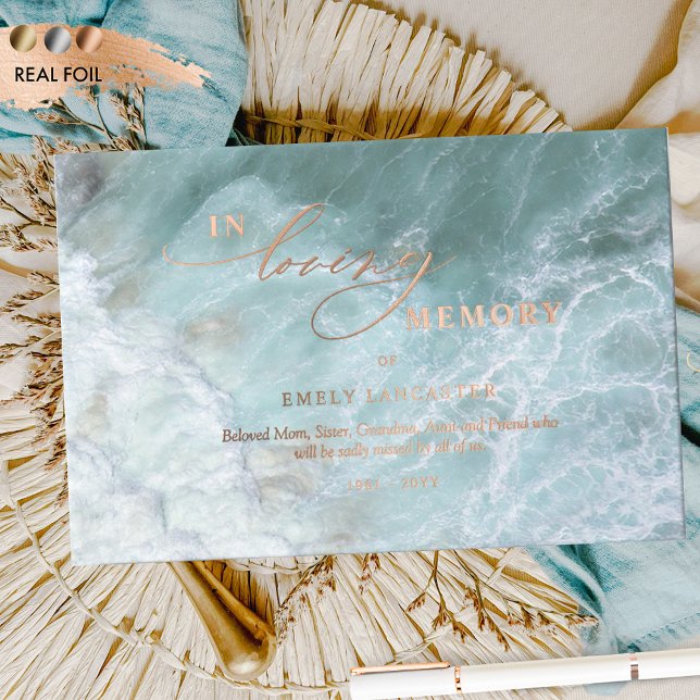 Elegant Real Foil In Loving Memory Aqua Funeral Guest Book (Creator Uploaded)