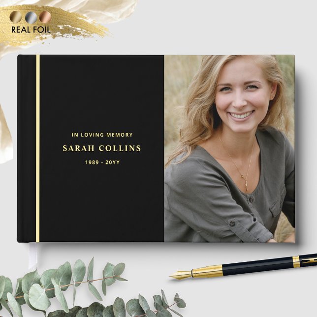 Elegant Real Foil, In Loving Memory Black Funeral Guest Book (Creator Uploaded)